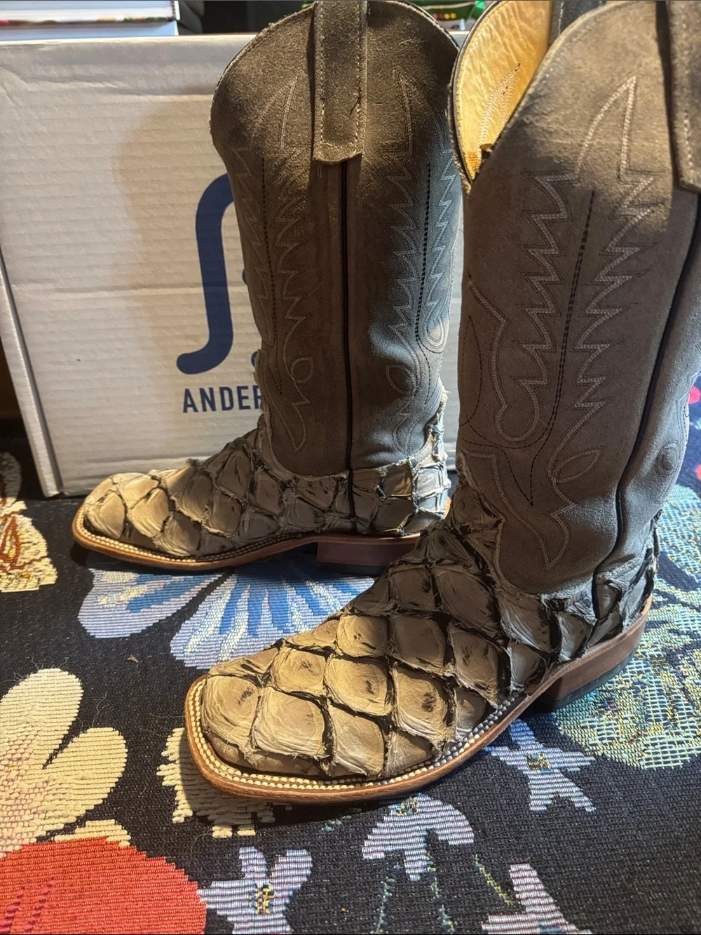 Anderson Bean Big Bass Boots Men's 9C Suede Wide Square Toe Exotic arapaima fish